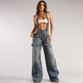 Women's denim jumpsuit -  cross-border women's fashion streetwear multi-pocket overalls - relaxed fit straight leg