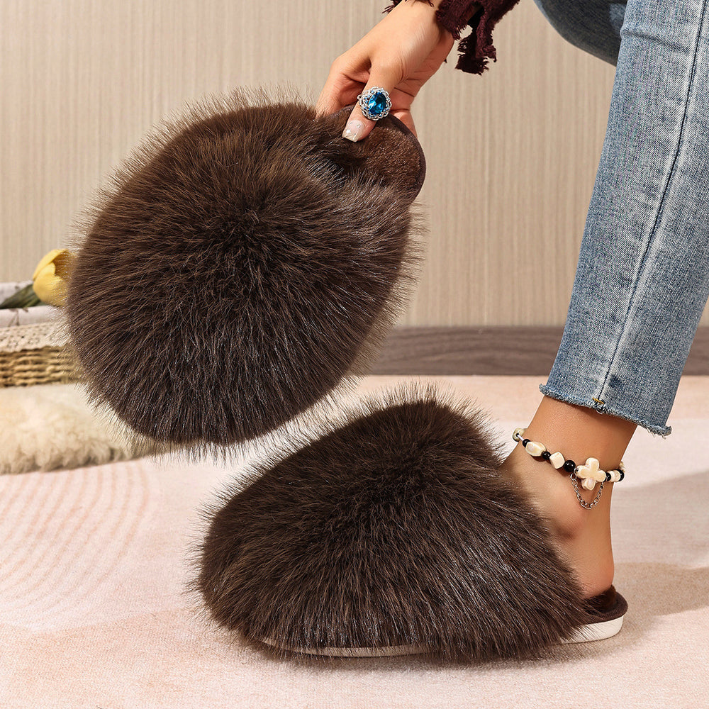plus sizepure color fluffy large fur slippers soft bottom winter toe-cap home heattech multi-color cotton slippers