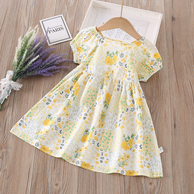 【matching family outfits】girls' cotton silk floral dress - princess style, stylish print, and puff sleeve skirt
