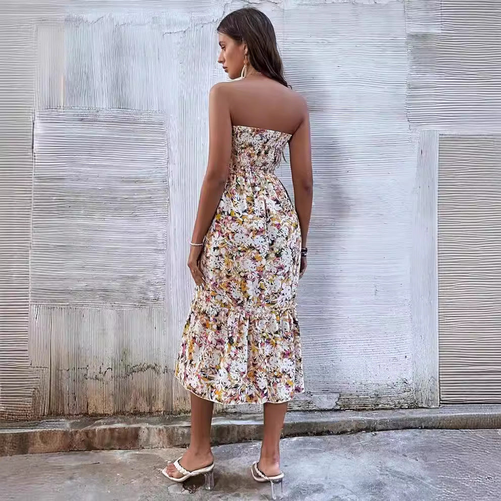 spring/summer new arrival: cross-border women's strapless dress with ruffle hem and sexy, elegant floral print