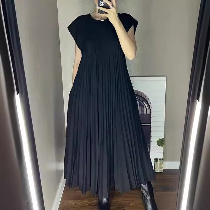 Amazon women's  european and american style spring new arrival solid color elegant fashion round neck short sleeve pleated loose dress