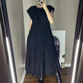 Amazon women's  european and american style spring new arrival solid color elegant fashion round neck short sleeve pleated loose dress