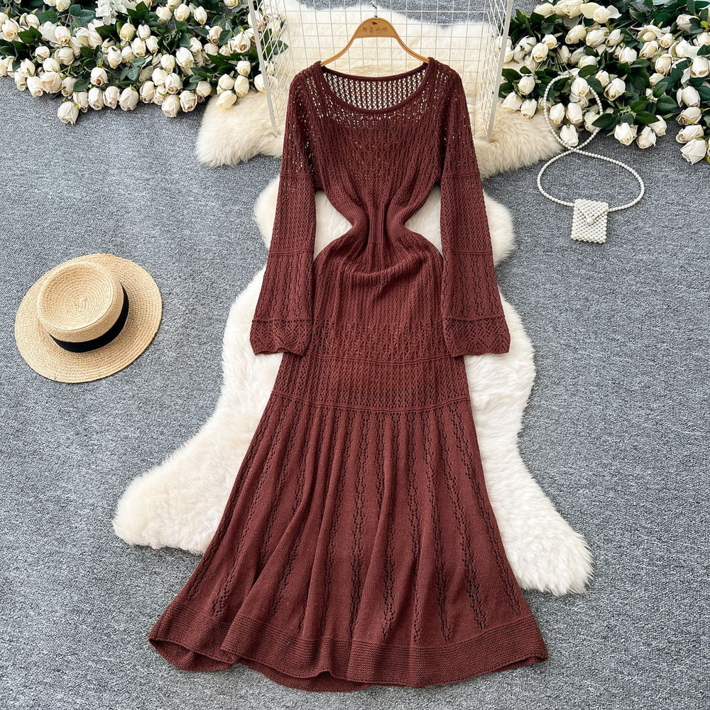 Lazy style casualclassy sense cut out crochet knittingdress women's inner suspender bottom skirt korean two-piece set