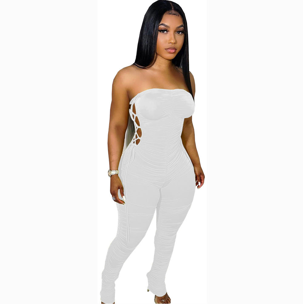 Fashion cross-border supply  women's clothing silm side tie pleated milk silk flat chest jumpsuit