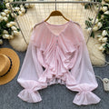 French work clothing style comfortable breathable rufflesshirt women's summerlong sleeves pink girlloosecardigantops