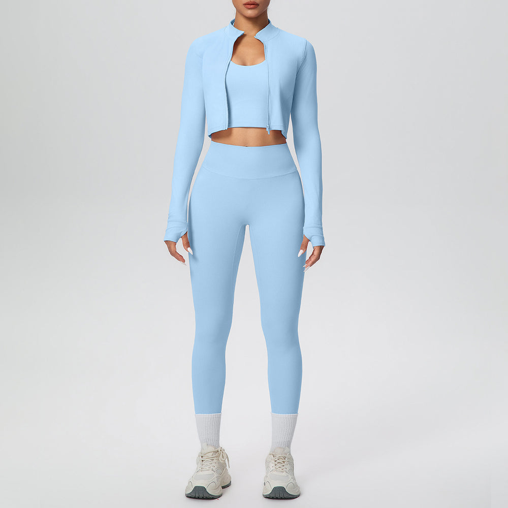 New halter neck backless zip-up outerwear yoga set - high-waisted, butt-lifting, compression fit - perfect for running, fitness, and gym workouts (3-piece set)