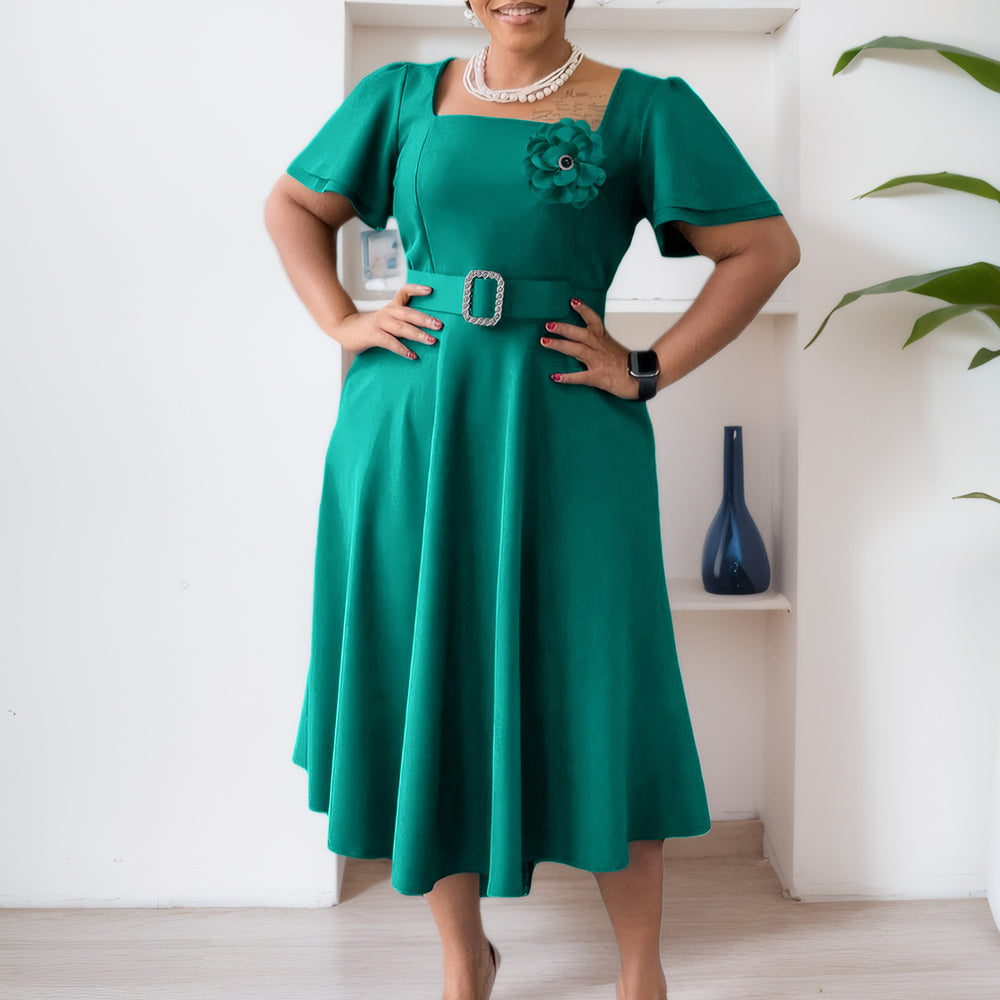 D568export women's clothing cross-border  summer women's new fashion square collar pure color high waist large skirt african dress