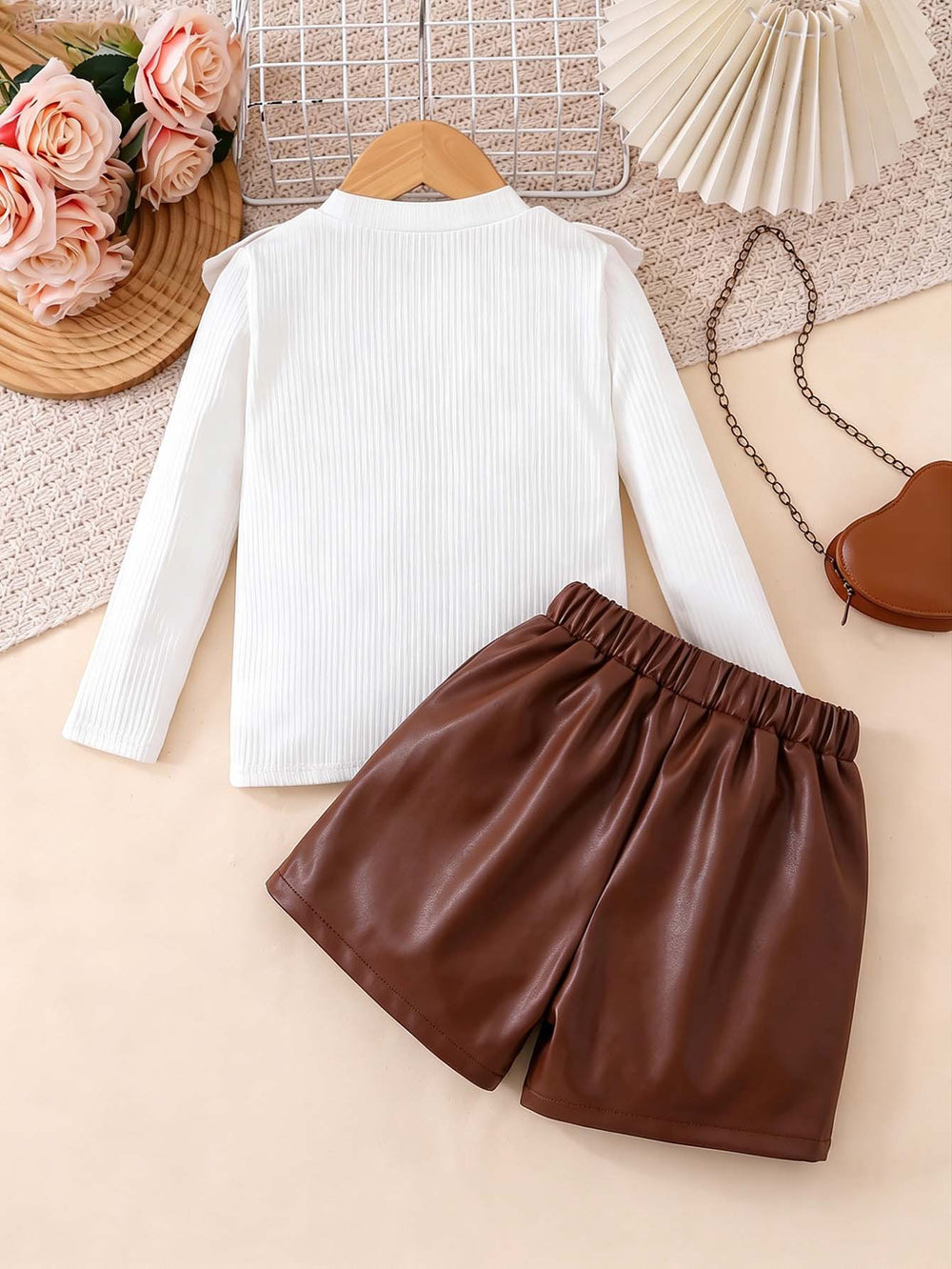 autumn new arrival: textured round neck top with ruffle collar + beaded pu leather skirt two-piece set