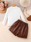 autumn new arrival: textured round neck top with ruffle collar + beaded pu leather skirt two-piece set
