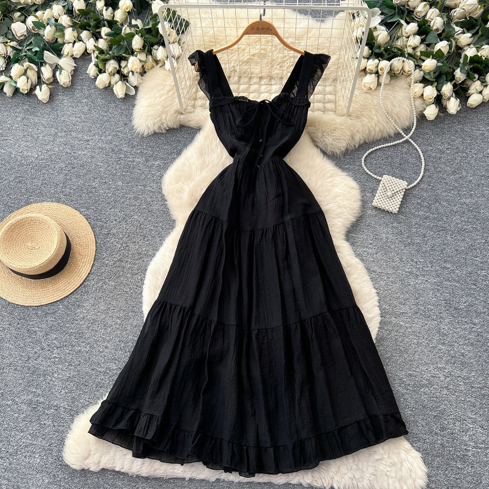 French romantic style spaghetti strap playful sleeveless dress - women's summer tie-waist slimming a-line cake dress - vacation style