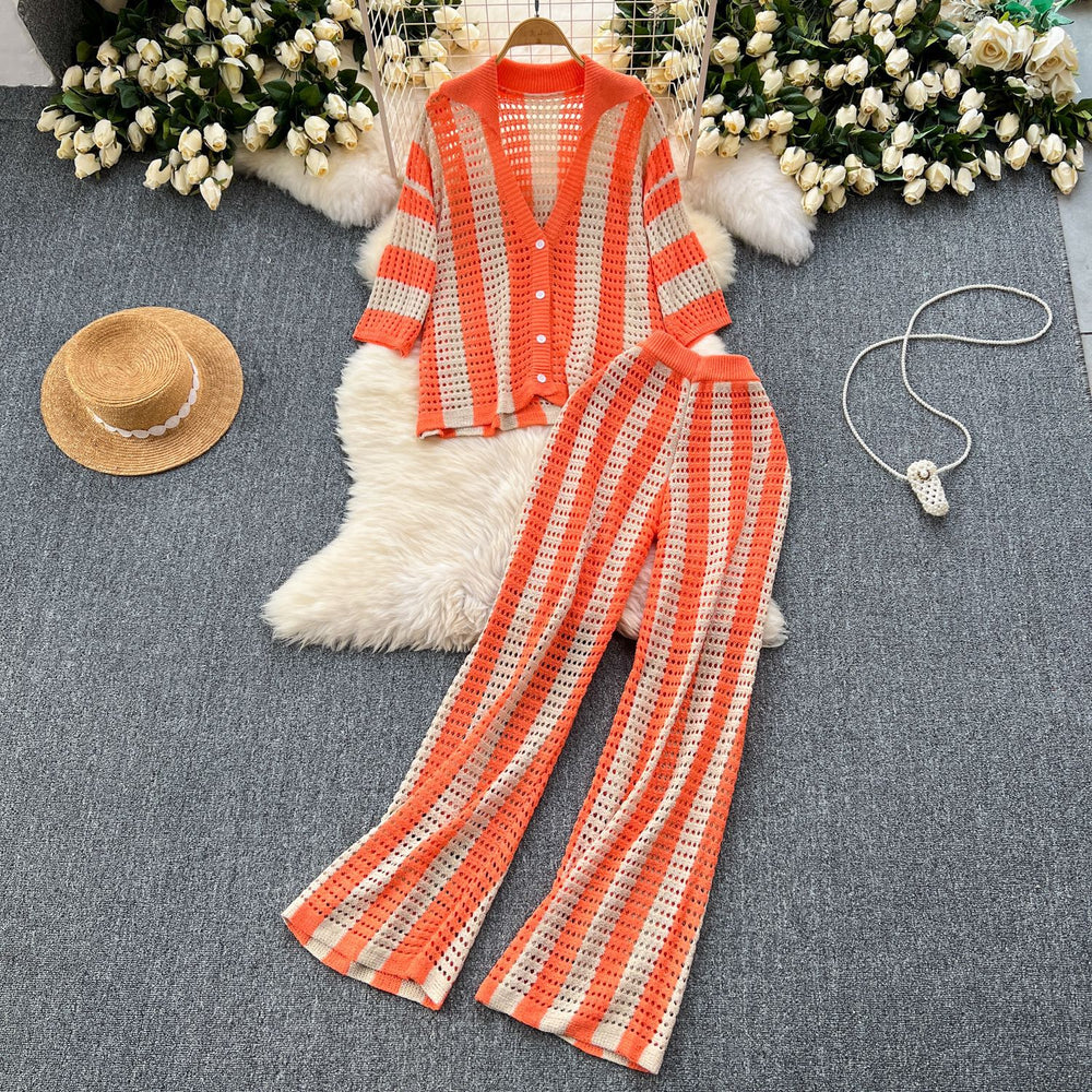 Women's summer v-neck loose knit cardigan top + wide leg pants set - color block striped cutout outfit