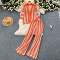 Women's summer v-neck loose knit cardigan top + wide leg pants set - color block striped cutout outfit