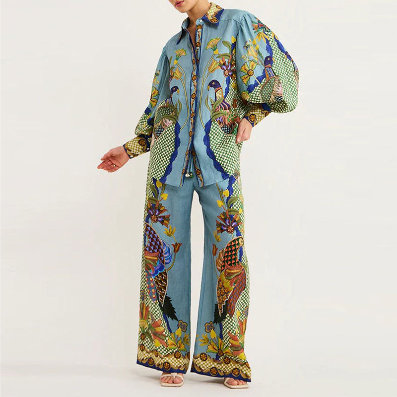 cross-border e-commerce european and american women's summer new arrivals: printed lantern sleeve wide-leg pants casual fashion set 661