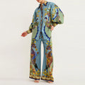cross-border e-commerce european and american women's summer new arrivals: printed lantern sleeve wide-leg pants casual fashion set 661