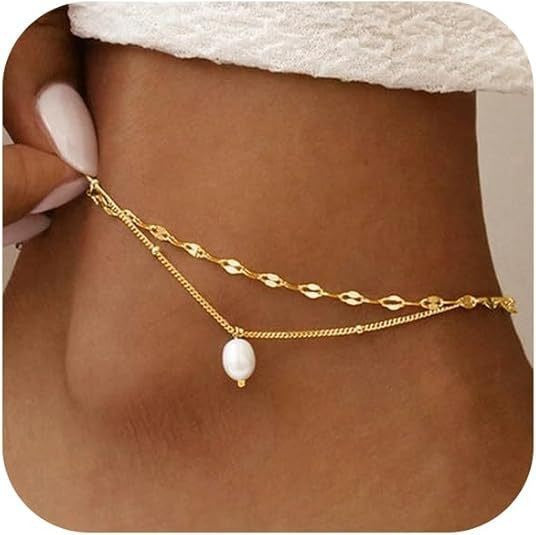 Fashion cross-border freshwater pearl pendant rope chain double layer stacked anklet exquisite foot jewelry freshwater pearl anklet