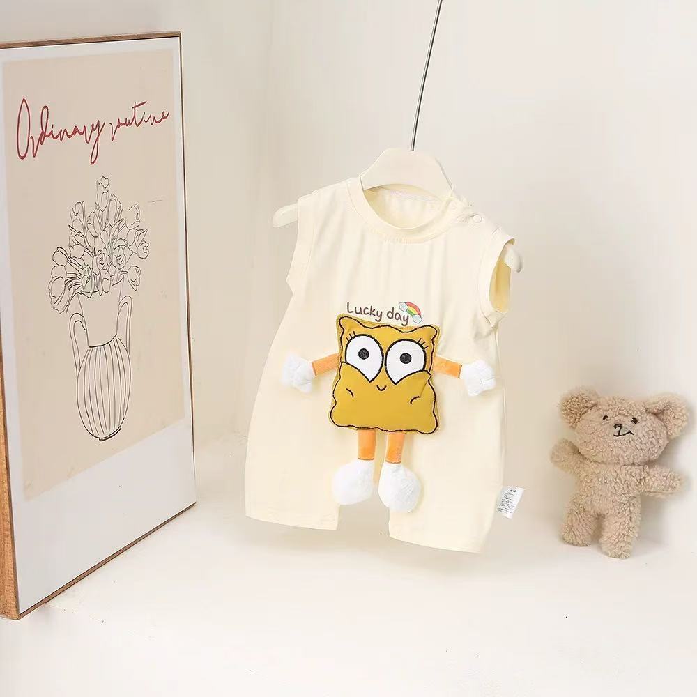 Summer cartoon cute infant rompers, sleeveless baby bodysuits, unisex baby crawling suits, and outdoor wear