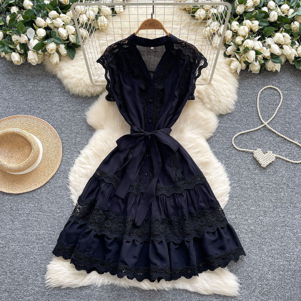 European and american light luxury sleeveless midi dress for women - summer mesh hollow-out crochet lace-up waist - sophisticated mid-length dress