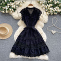 European and american light luxury sleeveless midi dress for women - summer mesh hollow-out crochet lace-up waist - sophisticated mid-length dress