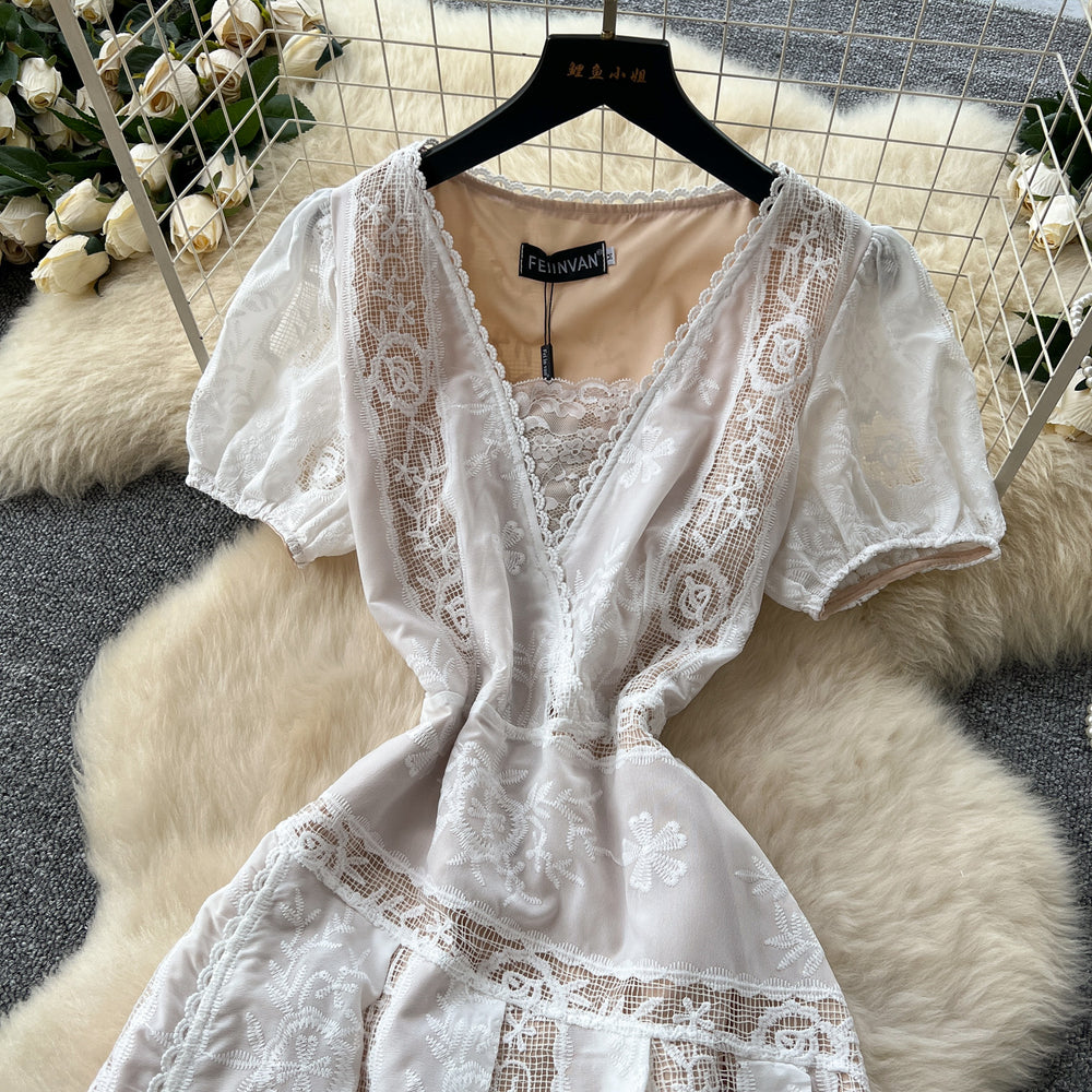 Vintage court style puff sleeve dress - women's summer mesh lace slim fit waist-defining elegant mature woman long dress