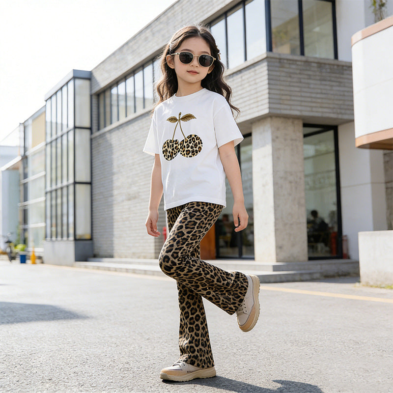 Girls' two-piece summer outfit: lightweight casual leopard print fashion set for girls,  new short-sleeve printed set
