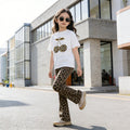 Girls' two-piece summer outfit: lightweight casual leopard print fashion set for girls,  new short-sleeve printed set
