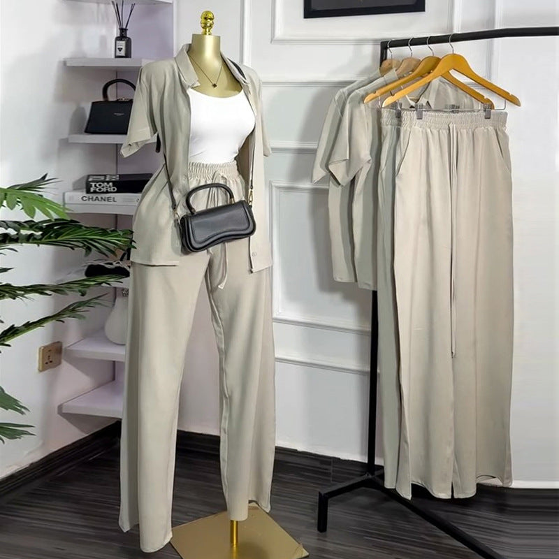 European and american cross-border women's fashion  autumn new arrival: casual turn-down collar loose-fit short sleeve shirt and tie-waist wide-leg pants set