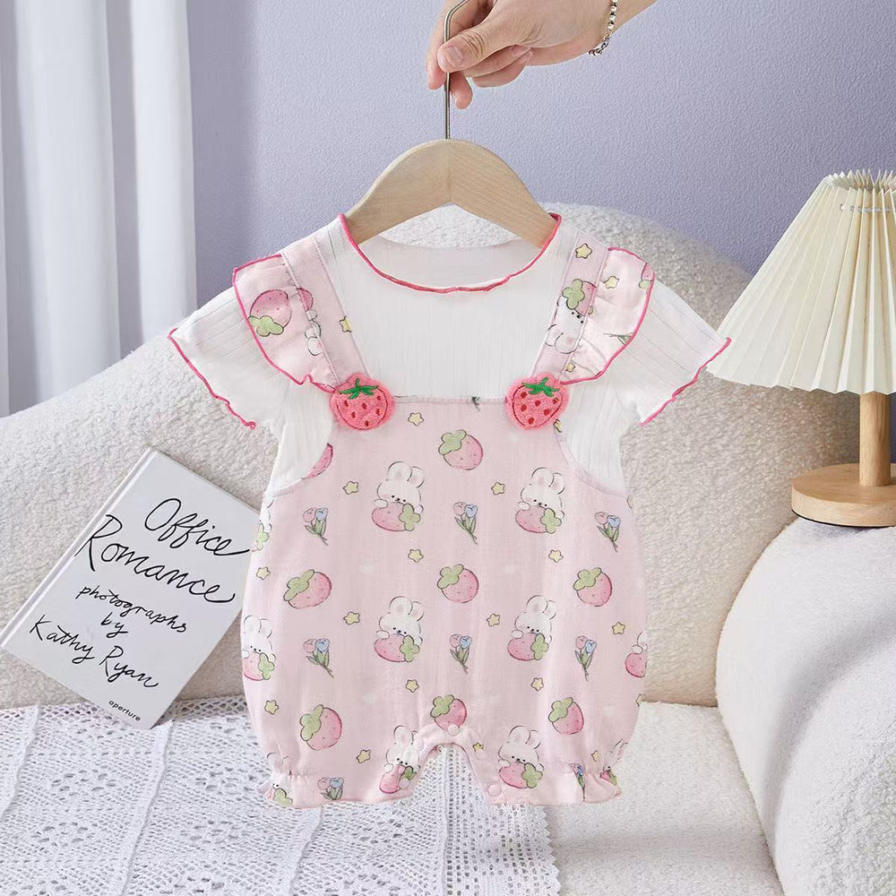 Baby girl summernew arrival short-sleeved jumpsuit girl summer clothes romper thin strawberry flying sleeves newborn jumpsuit