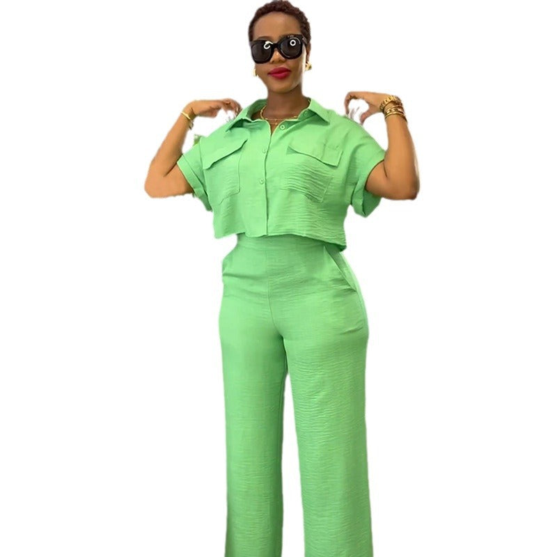 Ready-to-ship cross-border european and american women's clothing:  summer new arrivals, casual collared short-sleeve shirt and wide-leg pants fashion set