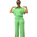Ready-to-ship cross-border european and american women's clothing:  summer new arrivals, casual collared short-sleeve shirt and wide-leg pants fashion set