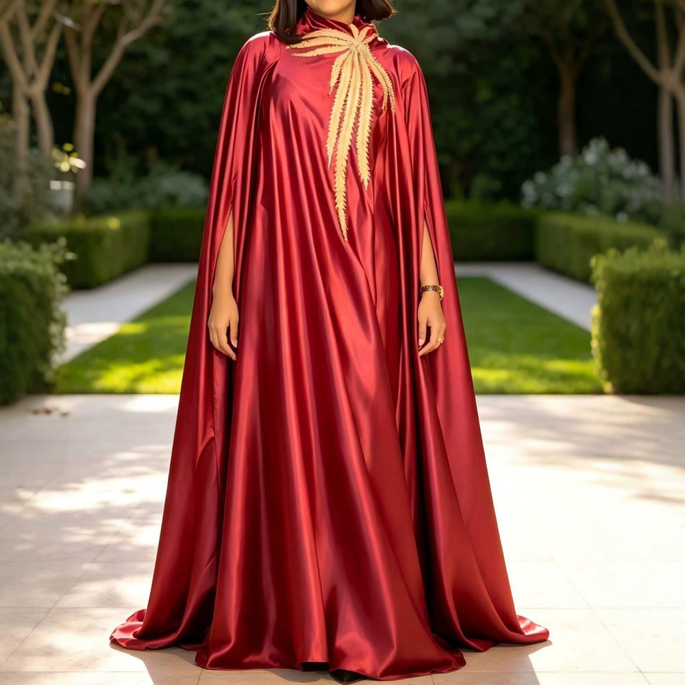African new solid color cape sleeve banquet dress satin embroidered applique wedding robe gown bubudress