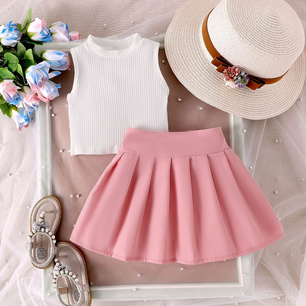 Amazon fashion summer new girlssuit pure color sleeveless pit vest and pleated skirttwo-piece set