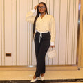 European and american cross-border women's fashion:  autumn new arrival - stylish design, collared, yellow striped, long-sleeved shirt top