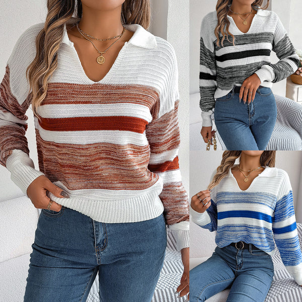 Real shot, European, American autumn and winter casual lapel contrasting striped long-sleeved knitted pullover sweater, independent station  women's clothing
