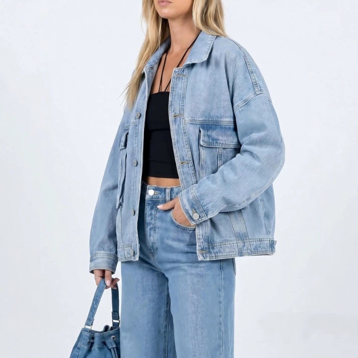 Amazon tiktok pinduoduo foreign trade cross-border fashion y2k style women's loose light washed denim jacket