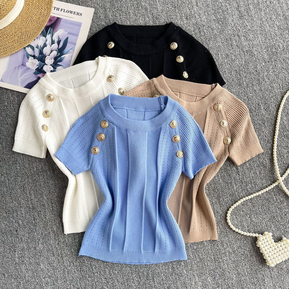 Fashion hot girl knitting round neck t-shirt women's summer thin shortslimming looksense of designeasiest for match fried street pure desiretops