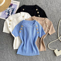 Fashion hot girl knitting round neck t-shirt women's summer thin shortslimming looksense of designeasiest for match fried street pure desiretops