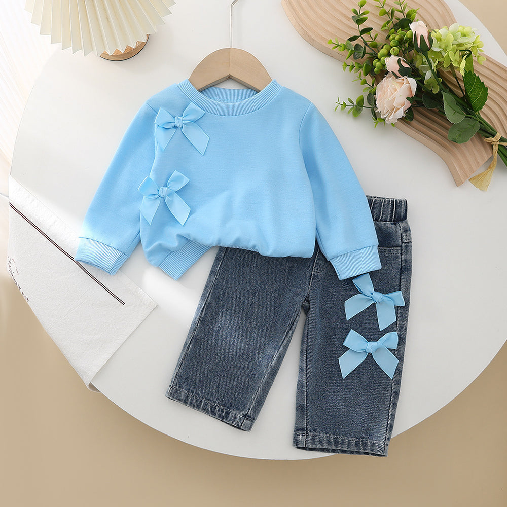 new girls' autumn/winter solid color long-sleeve sweatshirt and denim pants two-piece set with bow detail