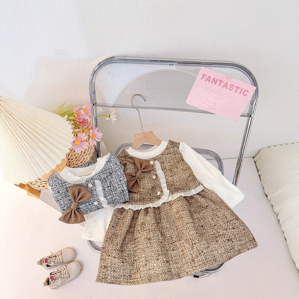Sweet and chic two-piece look dress for girls: stylish bowknot plaid lace suspender skirt spring/autumn outfit