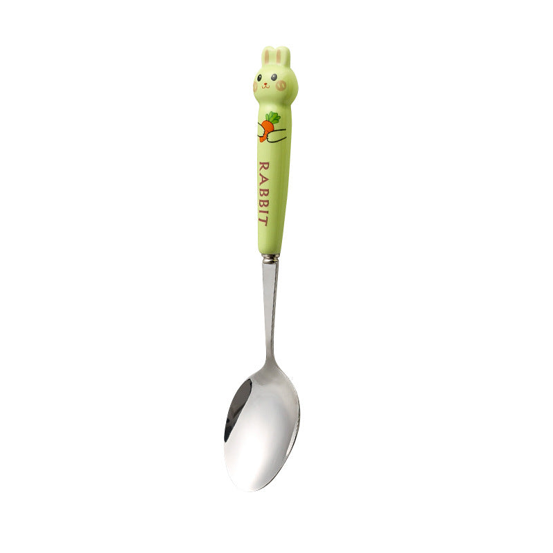 Cartoon stainless steel cutlery set: cute kids' forks with stylish ceramic handles, exquisite dessert spoons, and serving spoons