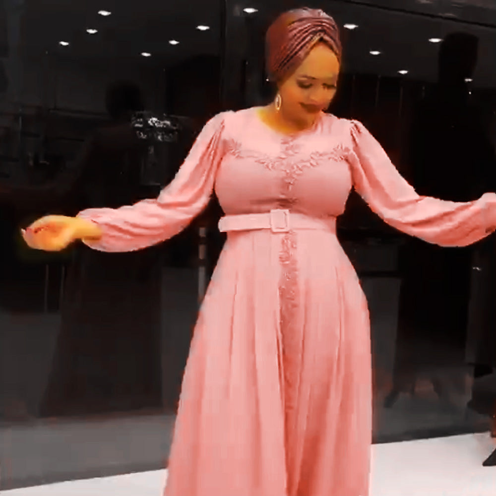 Fashion cross-border supply  long skirt long sleeves african plus size women's clothing elegantwork clothing chiffon dress belt