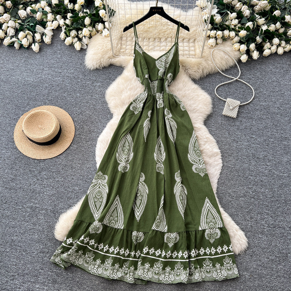 Vacation-style printed cami bohemian dress - women's summer high-waisted slimming a-line maxi dress - elegant outfit