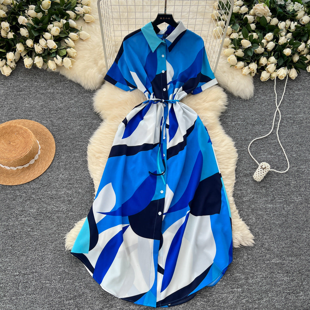 European and american style printed short-sleeve dress - women's autumn polo collar tie-waist design, unique and chic, elegant maxi dress