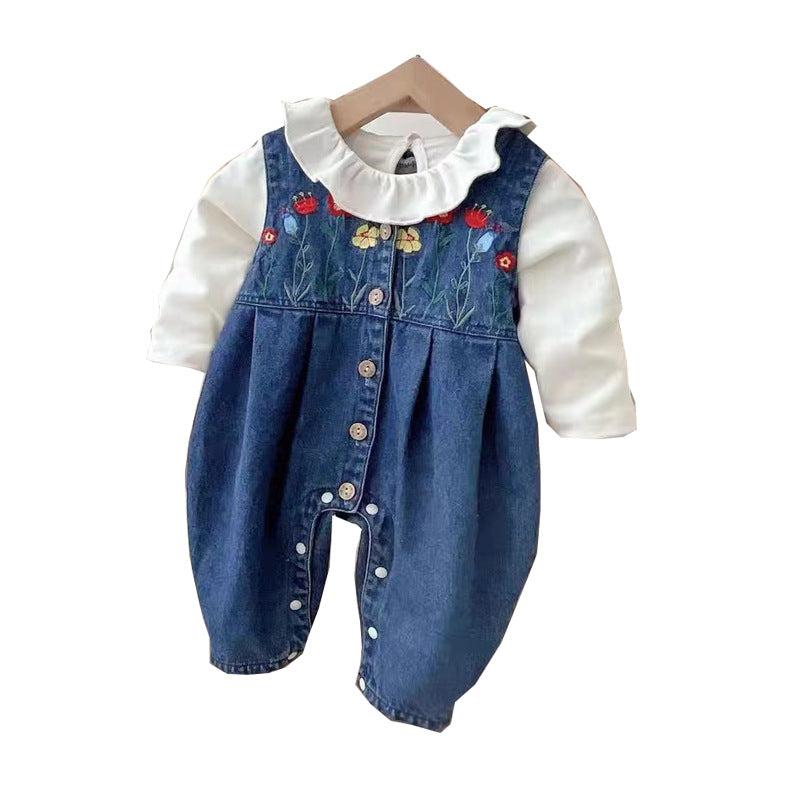 Baby spring & autumn outfit fashion casual romper set - girl's denim overalls two-piece set