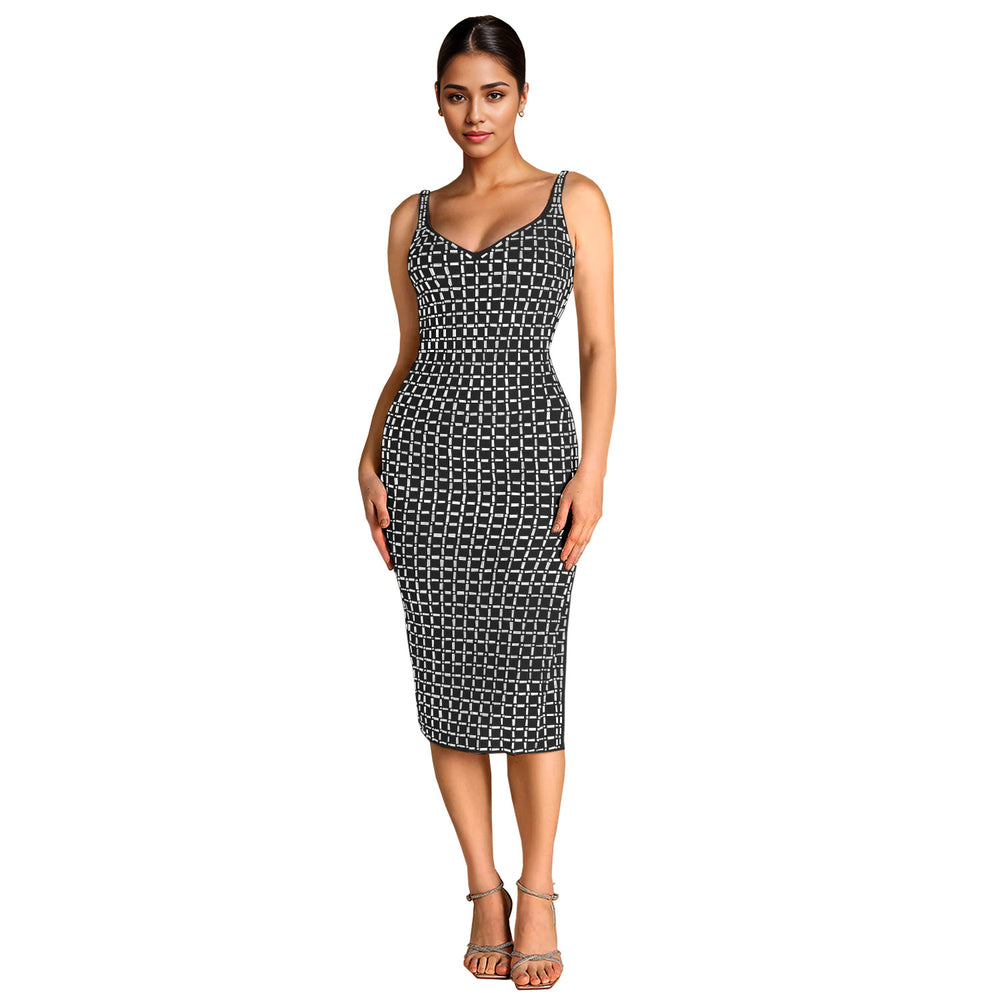 C7219 cross-border   fashion women's sexy backless rhinestone suspender sleeveless dress