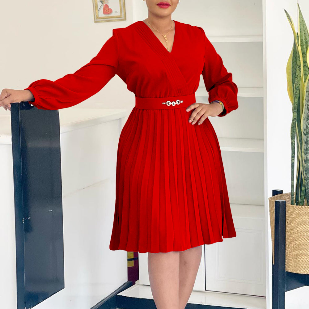 D3316 european and american cross-border  spring new arrival: ol style v-neck fashion pleated high-waisted african dress for export