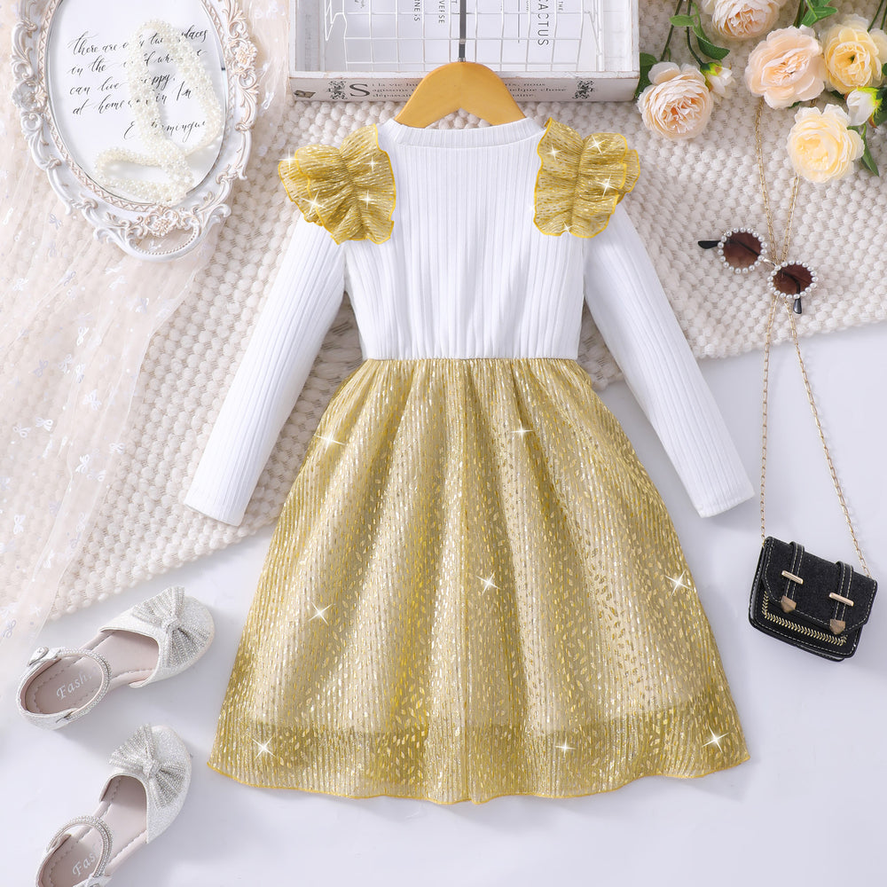Girls' dress, ruffle sleeve ribbed knit cutout patchwork dress
