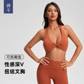 Sexy deep v halter bra with twist detail - breathable, backless, push-up sports bra for pilates and yoga - yg-1005