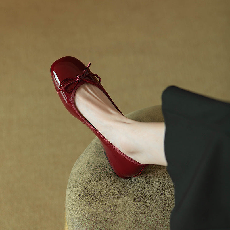 Vintage bow square toe low-cut flats - women's 2025 spring/autumn new collection - patent leather wedding shoes