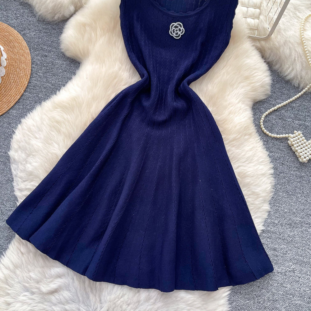 Korean style u-neck sleeveless knitted floral dress - women's 2026 summer new arrival, slim fit, figure-flattering, elegant a-line dress for work and casual wear