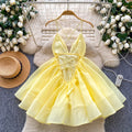 cross-border summer yellow suspender dress women's v neckbackless strap a-line skirt puffy skirt holiday style